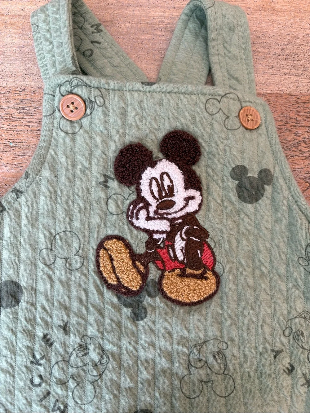 Disney Baby Mickey Mouse Sage Green Quilted Overalls Romper 3-6M Like New